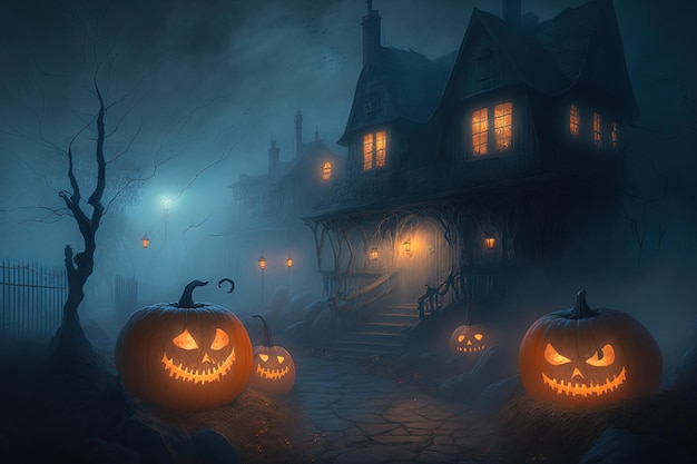 Nella nebbia si trova una città delle streghe con la rappresentazione realistica delle zucche di un evento di Halloween