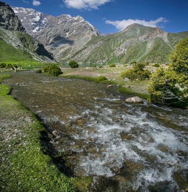 Nelle montagne del Tagikistan Verde montagna pendii picchi rocciosi e fiume