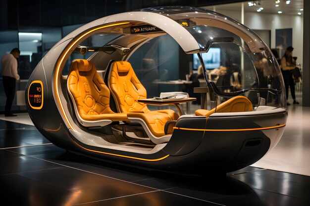 Nello showroom è esposta una bellissima illustrazione 3D di un veicolo futuristico con una superficie metallica lucida. Potrebbe essere fonte di ispirazione per chiunque stia pensando di progettare un prototipo di auto Ape su cui costruire