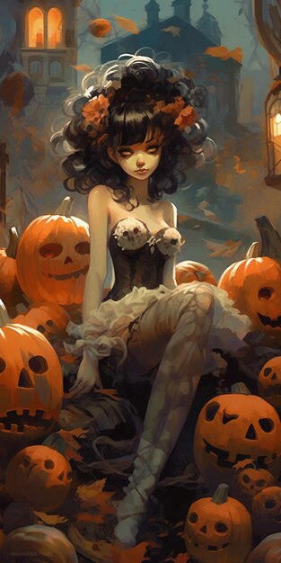 Nello stile di un'illustrazione dettagliata una donna in un costume di Halloween si trova accanto a una zucca