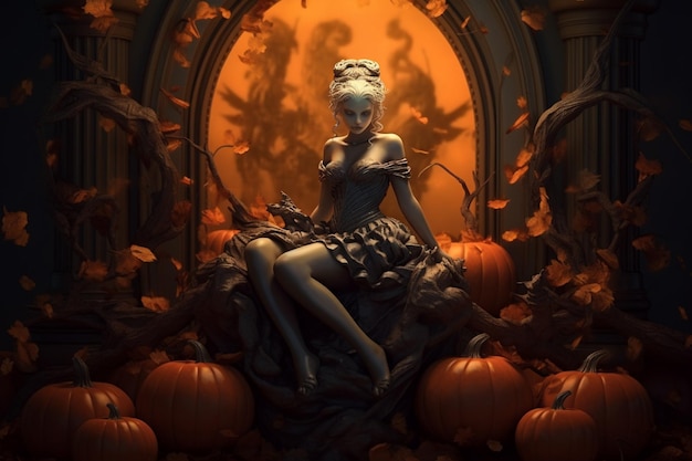 Nello stile di un'illustrazione dettagliata una donna in un costume di Halloween si trova accanto a una zucca