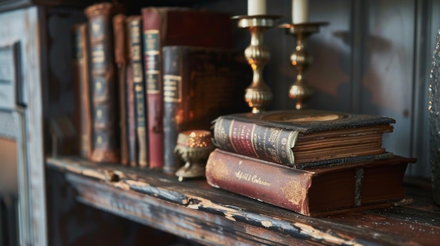 Nello studio vintage scarsamente illuminato un podio usurato contiene preziosi libri e ciarlatani che aggiungono