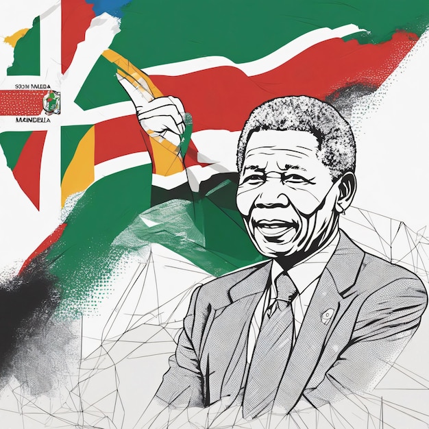 Nelson Mandela con l'illustrazione della bandiera sudafricana