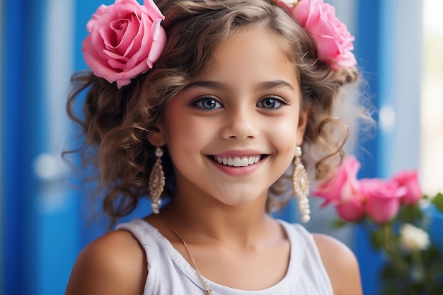 Nena sonriendo con flores en su cabello