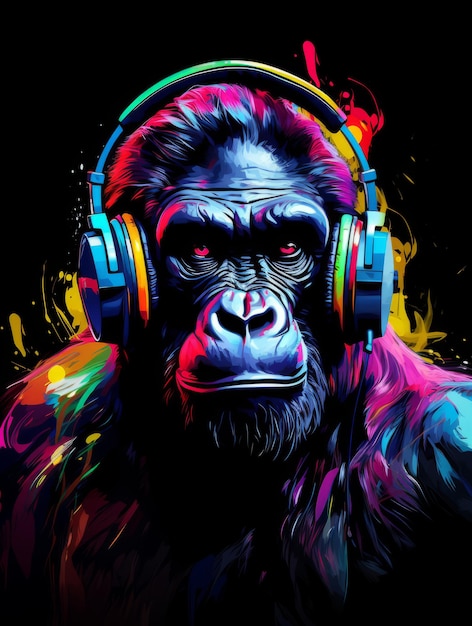 Neon Beats Gorilla Artistico Stile Colorato Che Indossa Le Cuffie