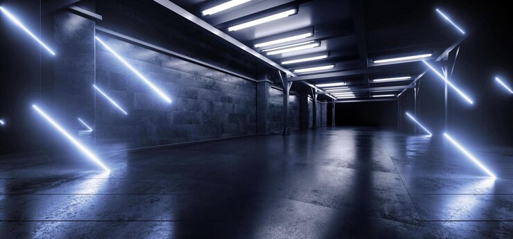 Neon Blue Laser Lights Cyber Sci Fi Futuristic Grunge Car Showroom Fluorescent Hangar Warehouse