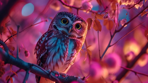Neon color WideEyed Saw Whet Owl appoggiato in un albero Artificiale Generato arte