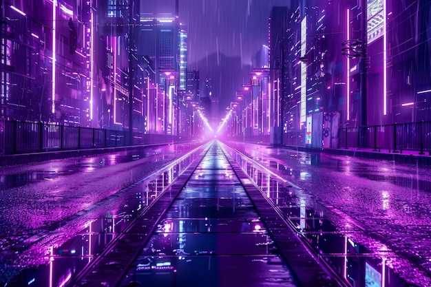 Neon Cyberpunk City Futuro urbano Metaverse Notte Strada viola Tessura sfondo Copia spazio