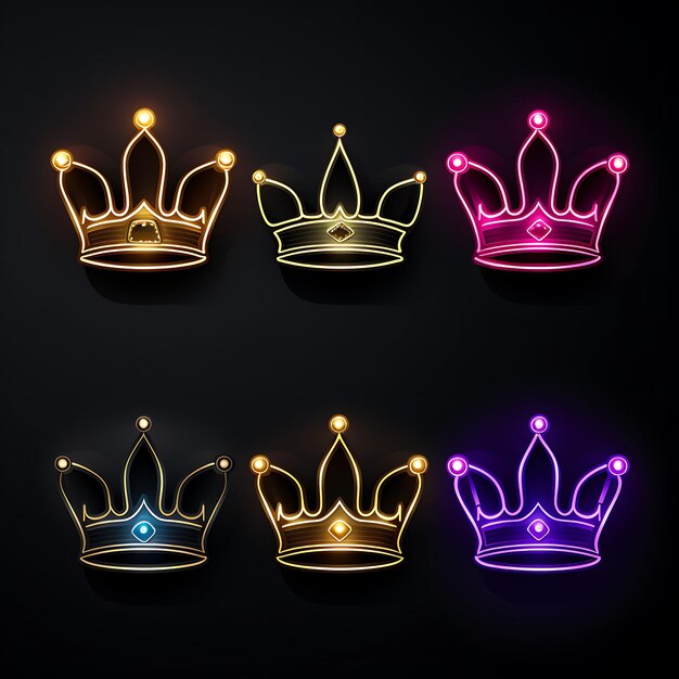 Neon Design of Crown Icon Emoji con espressioni reali maestose e regali G Clipart Sticker Set