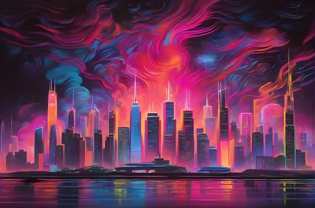 Neon Dreams Vibrant New Year Skyline