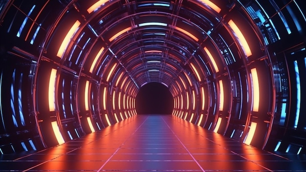Neon elettrico vibe illustrazione 3D tunnel di gioco tecnologia futura corridoio notte buia