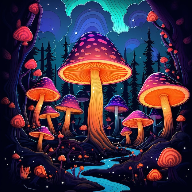 Neon Forest Fungi Scena di funghi dei cartoni animati