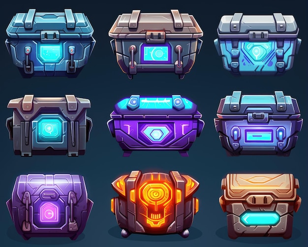 Neon futuristico Loot Crate Treasure Chest illustrazione vettoriale per Game Desgin spritesheet su bianco