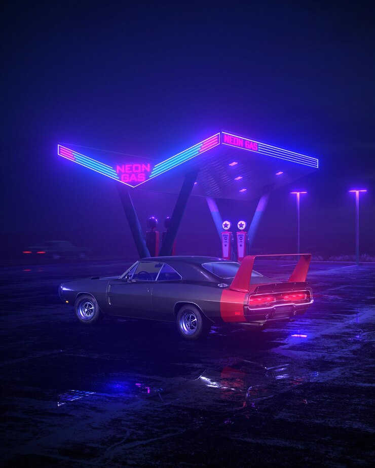 Neon gas station and retro car Vintage cyberpunk auto Fog rain