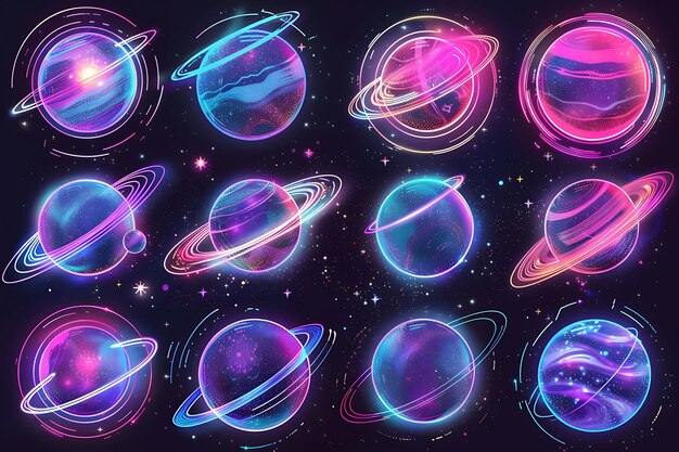 Neon Glowing Neon Planets con una consistenza di finitura satinata Rotating Ne Y2K Collage Glow Outline Design