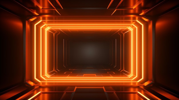 Neon Glowing Orange Laser Frame Futuristic Sci Fi Retro Light On Grunge Concrete Corridor Room Dance