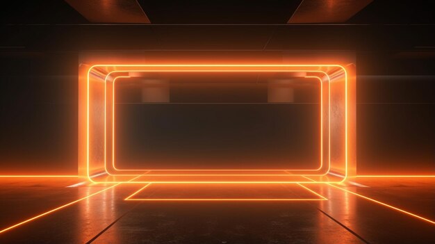 Neon Glowing Orange Laser Frame Futuristic Sci Fi Retro Light On Grunge Concrete Corridor Room Dance