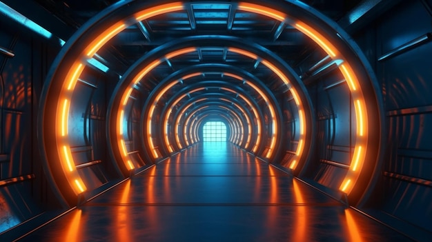 Neon incandescente blu arancione Cyber retrò Sci Fi futuristico cemento lucido Tunnel Tunnel