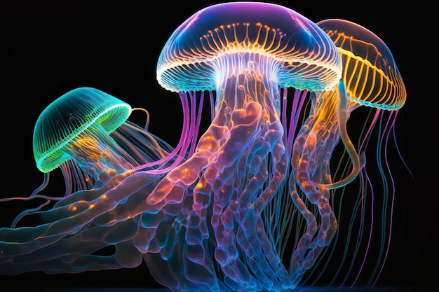 Neon Jellyfish animali marini Illustrazione dell'IA generativa