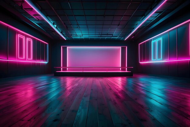 Neon Lit Empty Nightclub con pista da ballo Un nightclub vuoto con luci al neon vibranti