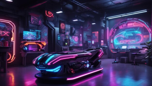 Neon Nexus Un laboratorio cyberpunk di congegni futuristici e rendering 3D iperdettagliati