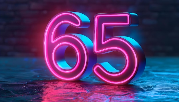 Neon numero 65 sul pavimento urbano bagnato rendering 3D di cifre luminose conto alla rovescia numerologia