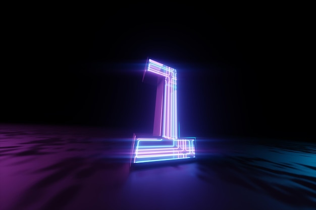 Neon numero uno su uno sfondo scuro, simbolo, segno, numero uno si illumina al buio. Banner luminoso, icona, rendering 3D, illustrazione 3D, modello, spazio di copia.