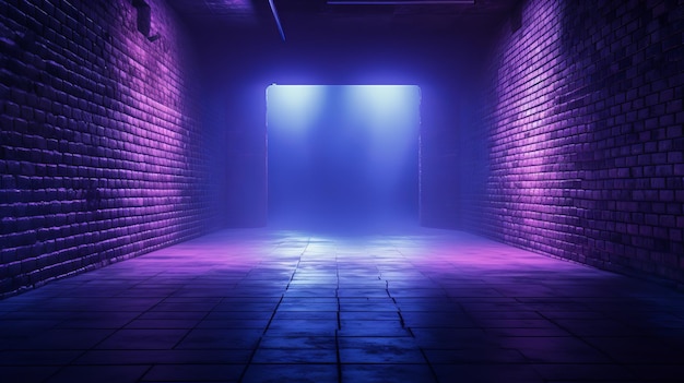 Neon Retro Brick Walls Club Fog Dark Fog Corridore vuoto Corridore Garage Room Studio Dancing Luminous Blue Purple Spot Lights Pavimento in cemento