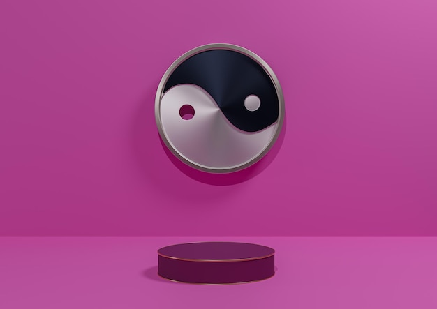 Neon rosa 3D prodotto display sfondo metallico minimo Yin e yang simbolo podio linea dorata