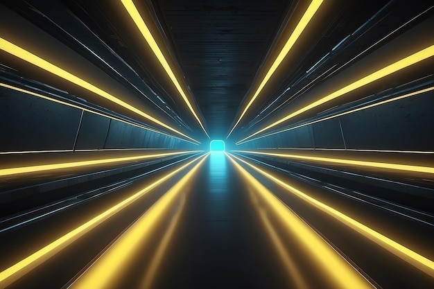 Neon tunnel moderno lungo corridoio luce gialla luce gialla laser futuristico rendering 3D