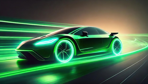 Neon verde che brilla nel buio auto elettrica ad alta velocità concetto di marcia veloce silhouette ev