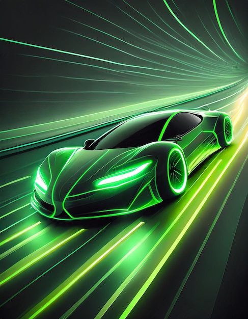 Neon verde che brilla nel buio auto elettrica ad alta velocità concetto di marcia veloce silhouette ev