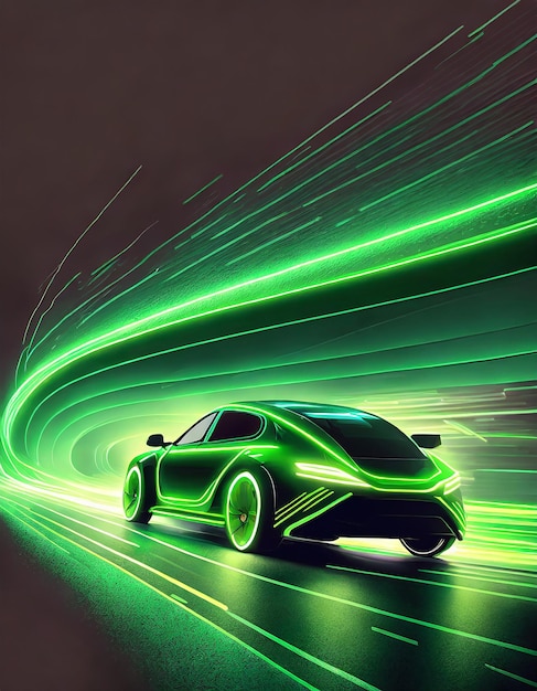 Neon verde che brilla nel buio auto elettrica ad alta velocità concetto di marcia veloce silhouette ev