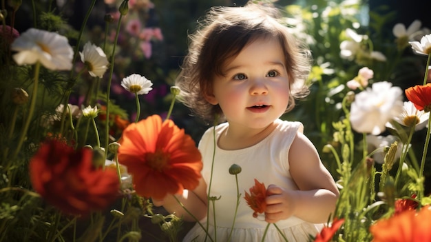 Neonata sveglia che gioca nel giardino fiorito