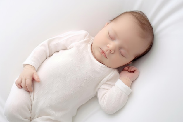 Neonato addormentato in un body su sfondo di coperta bianca Bel ritratto di una bambina di 14 giorni di due settimane