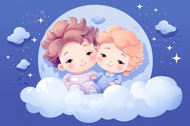 Neonato sveglio e ragazza che dormono su una nuvola Concetto di doccia per neonati