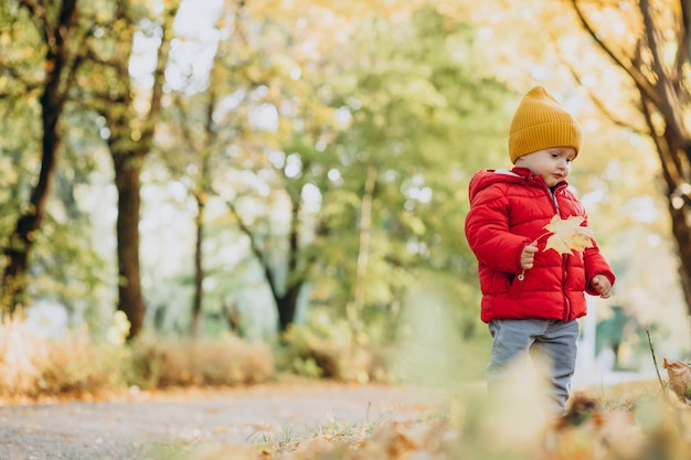 Neonato sveglio in giacca rossa nel parco autunnale