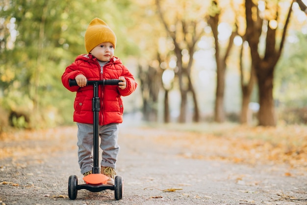 Neonato sveglio sul motorino nel parco autunnale