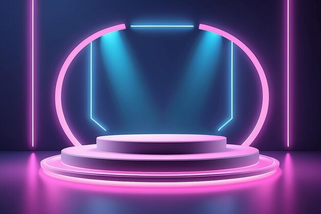 NeonLit 3D Studio Podium Abstract Sfondamento per le presentazioni di prodotti