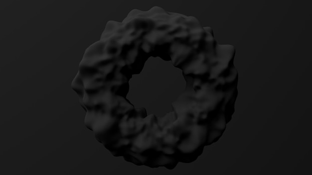 Nero a forma di cerchio deformato, sfondo nero. Illustrazione monocromatica astratta, rendering 3d.