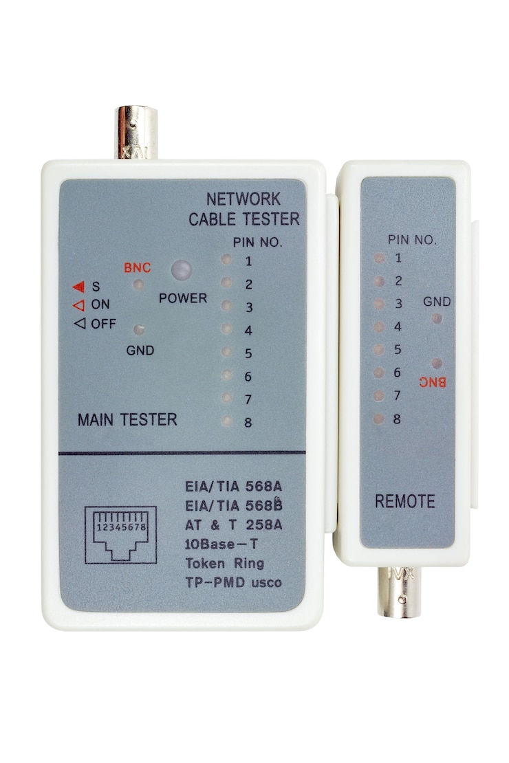 Photo network cable tester with remote probe on white
