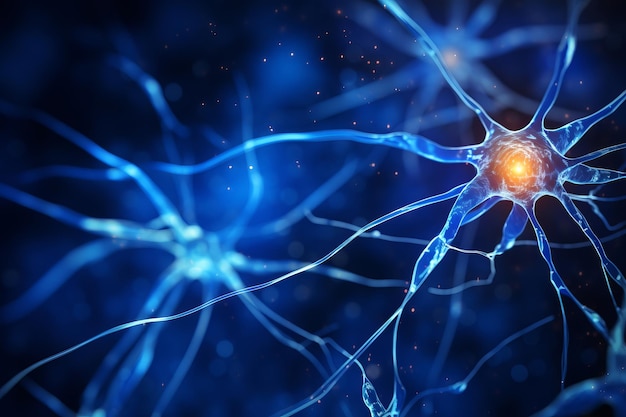 Neurone motorio ingrandito al microscopio nelle cellule nervose di laboratorio