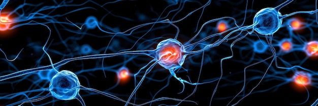 Neuroni che formano una rete complessa nelle cellule cerebrali del cervello umano su uno sfondo nero concetto medico