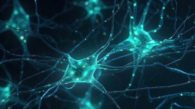 Neuroni e sinapsi che inviano segnali in una rete luminosa IA generativa