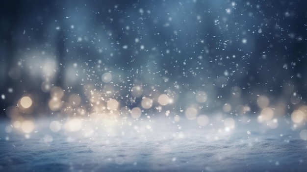 Neve che cade su una scena invernale con uno sfondo sfocato