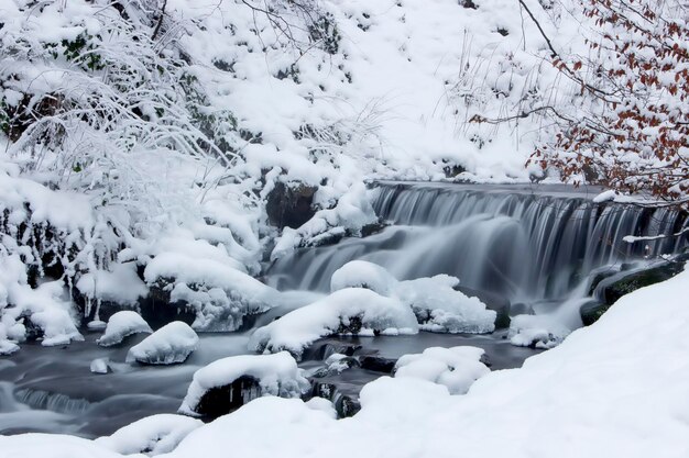 Neve e fiume con cascata Inverno gelido