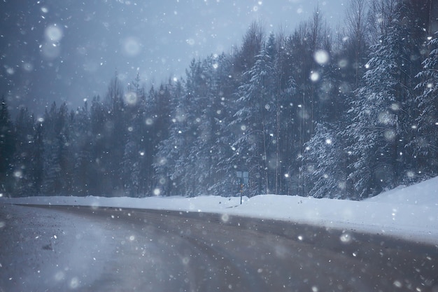 neve e nebbia sul paesaggio stradale invernale / vista del clima stagionale una strada pericolosa, un paesaggio invernale solitario