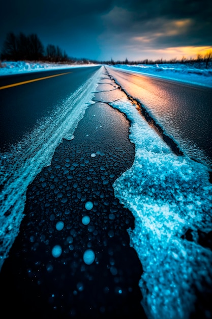 Neve ghiacciata in autostrada o su strada Modello di guida invernale pericoloso al mattino presto, sera o notte AI generativa