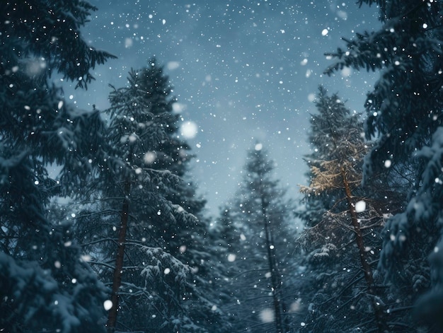 Neve in inverno bellissima foresta di conifere vicino di notte rami sotto la neve