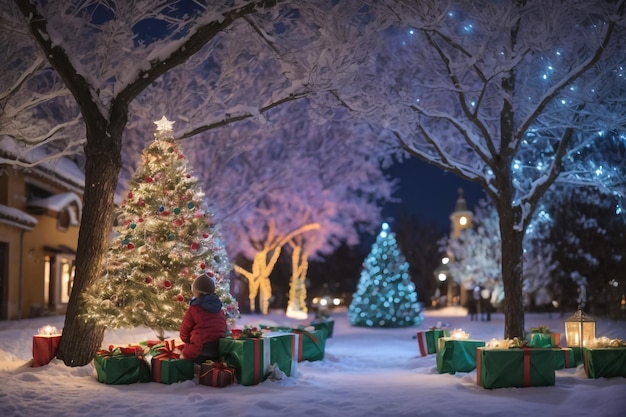 Neve in un parco invernale di notte con il Natale